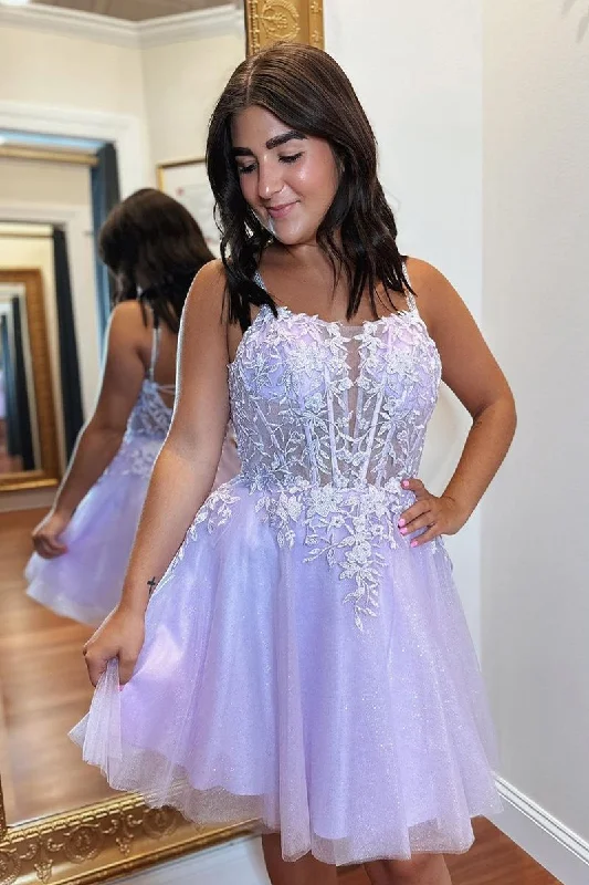 casual day dressLavender A-line Appliques Lace-Up Tulle Homecoming Dress