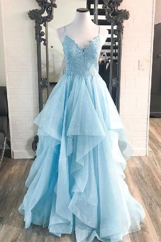 flowy evening dressElegant Light Blue Ruffled Tulle Prom Dress