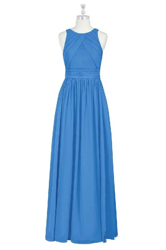 puff sleeve dressBrami Blue Chiffon Sleeveless Long Bridesmaid Dress