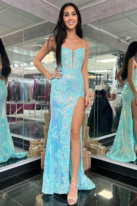 long sleeve dressLight Blue Sequin Appliques Plunge Neck Long Prom Dress with Slit