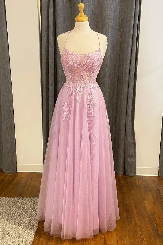 fitted cocktail dressPink Lace Tulle Lace-Up Back A-Line Prom Dress