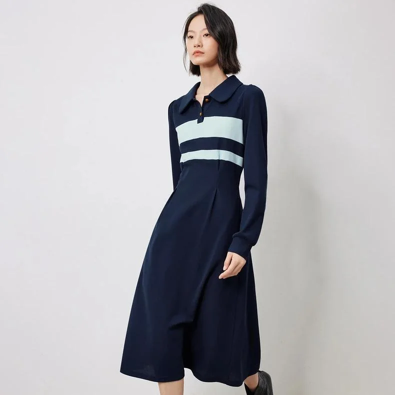 fitted cocktail dressWomen's Autumn Polo Collar Striped Casual Dress