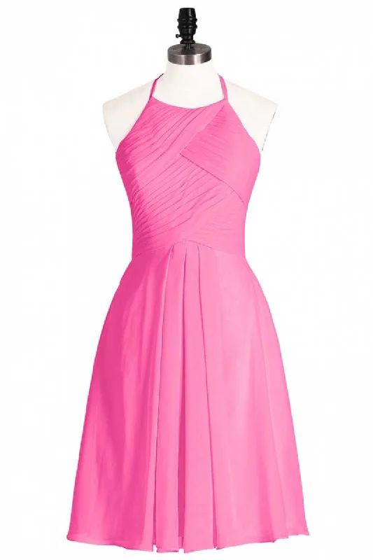 flowy evening dressNeon Pink Halter A-Line Short Bridesmaid Dress