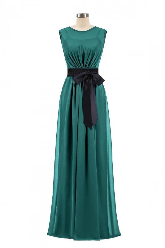 satin midi dressHunter Green Crew Neck Belted Long Bridesmaid Dress