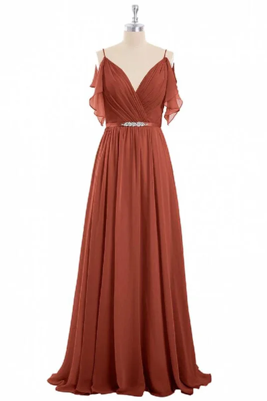 pleated maxi dressRust Orange Chiffon Cold-Shoulder Long Bridesmaid Dress