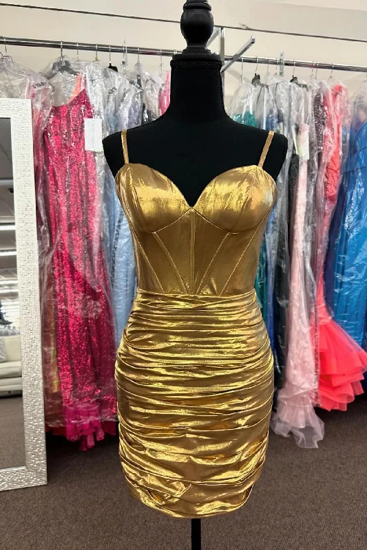 oversized dressStraps Gold Metallic Ruched Tight Dress