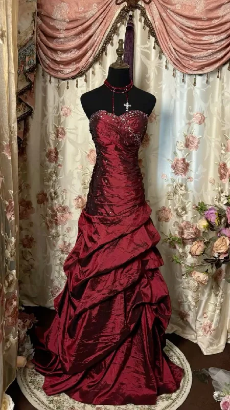 floral wrap dressBurgundy Strapless Beaded Satin Evening Dress Layered Prom Dress Ball Gown Y7814