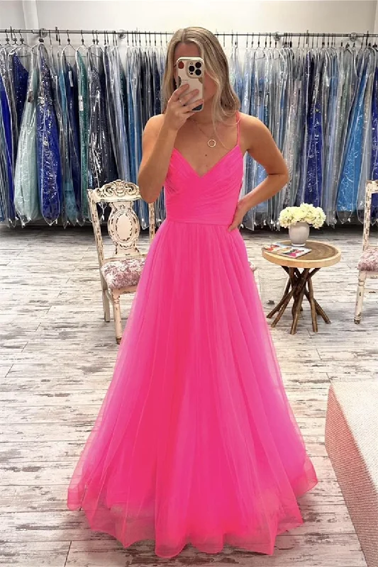 satin dressPink Deep V Neck Straps A-line Tulle Long Prom Dress