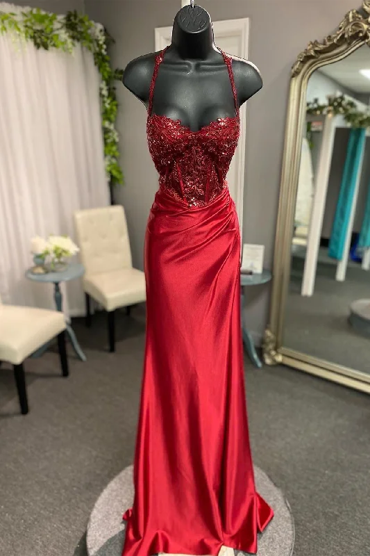 chic shift dressRed Straps Appliques Mermaid Satin Long Prom Dress