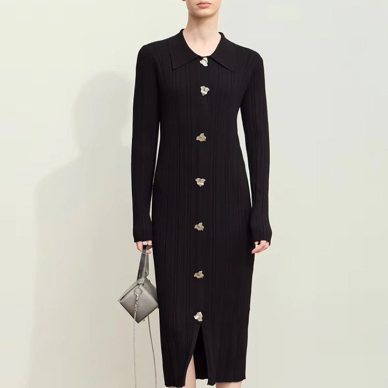 layered dressElegant Retro Lapel Knitted Dress with Metal Buckle