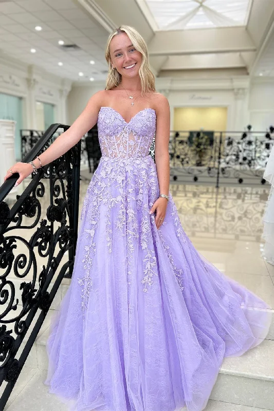 bohemian dressLavender Strapless Appliques A-line Tulle Long Prom Dress