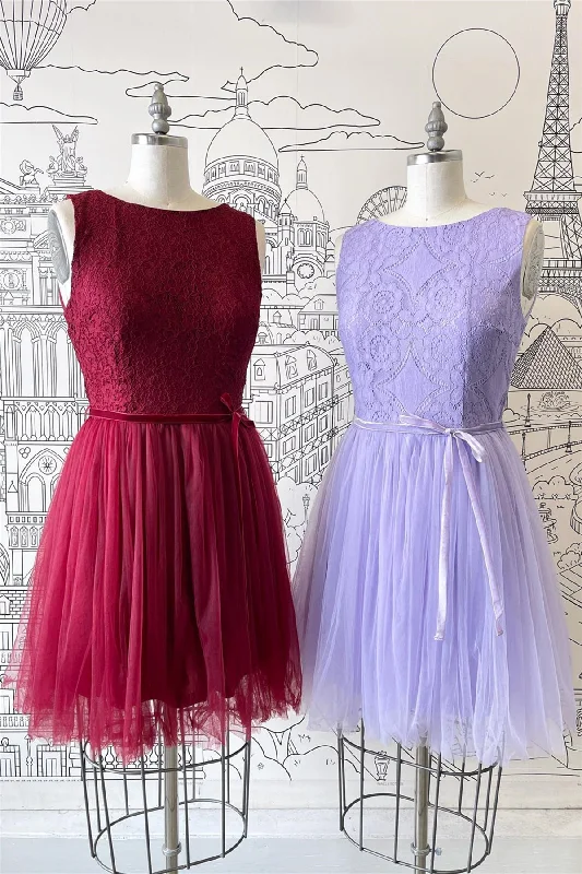 casual dressA-line Scoop Neck Tulle Lace Mini Bridesmaid Dress with Sash