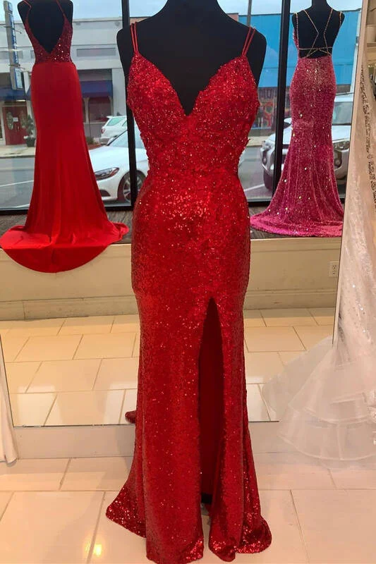 sleek midi dressSparkle Red Mermaid Sequined Prom Dress with Slit