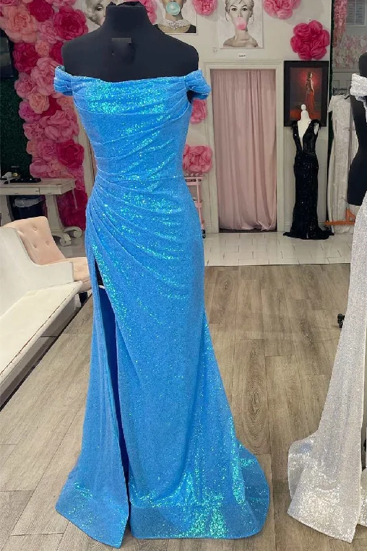 ruched dressBlue Sequin Off-the-Shoulder Mermaid Long Prom Dress with Slit