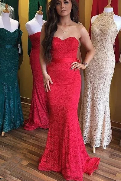 textured dressElegant Sweetheart Mermaid Red Lace Long Bridesmaid Dress