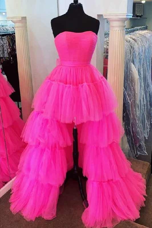 relaxed fit dressHigh Low Hot Pink Strapless Formal Gown