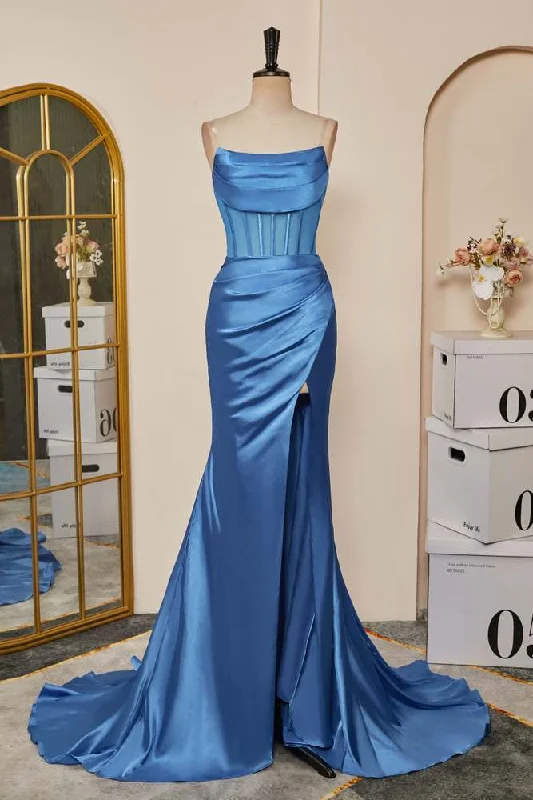 evening dressBlue Pleated Strapless Mermaid Satin Long Prom Dress with Slit