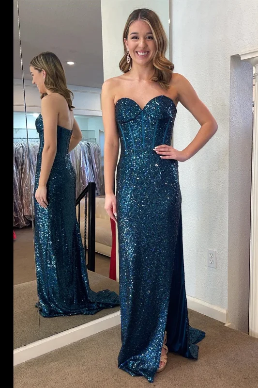 trendy dressSequins Sweetheart Long Prom Dress with Slit