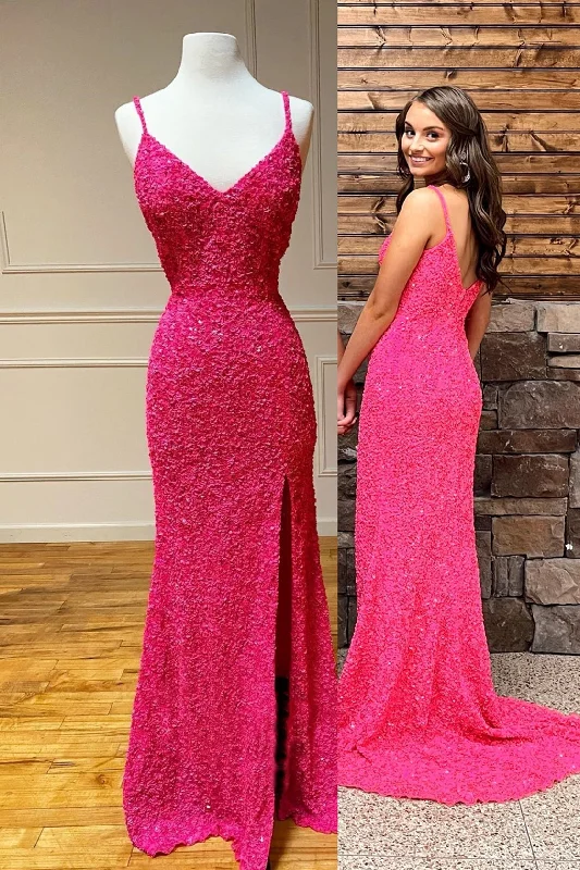 vintage-inspired dressHot Pink Sequin Spaghetti Straps Mermaid Prom Dress