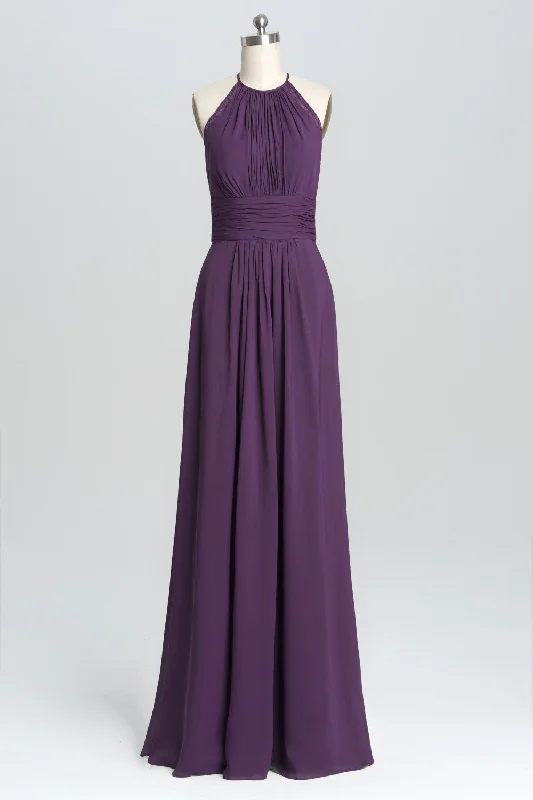 t-shirt dressPurple Halter A-line Pleated Long Bridesmaid Dress