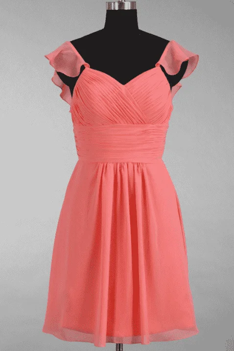 stylish party dressCoral Pink Chiffon Ruffled Straps A-Line Short Bridesmaid Dress