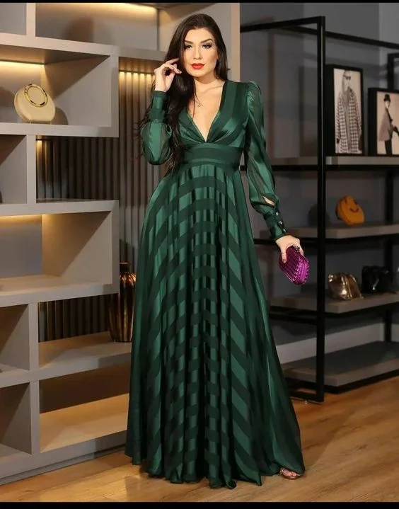 summer floral dressCharming Green Deep V Neck Evening Dress With Long Sleeves  Y6283