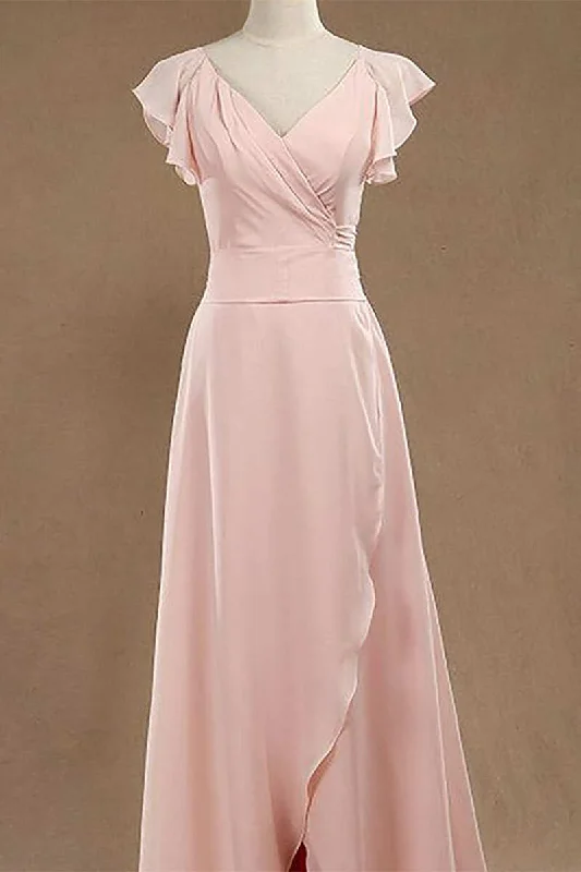 off-shoulder dressBlush Pink V-Neck Ruffled Long Bridesmaid Dress