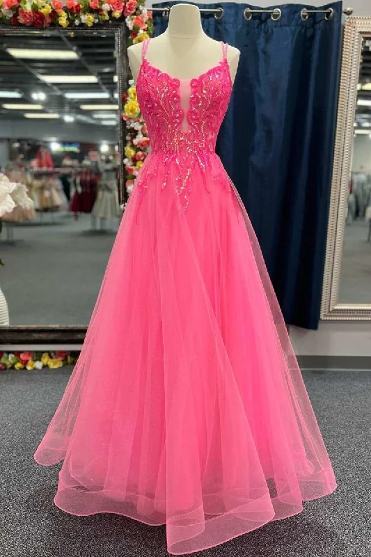 chic shift dressHot Pink Tulle Appliques Lace-Up A-Line Long Prom Dress