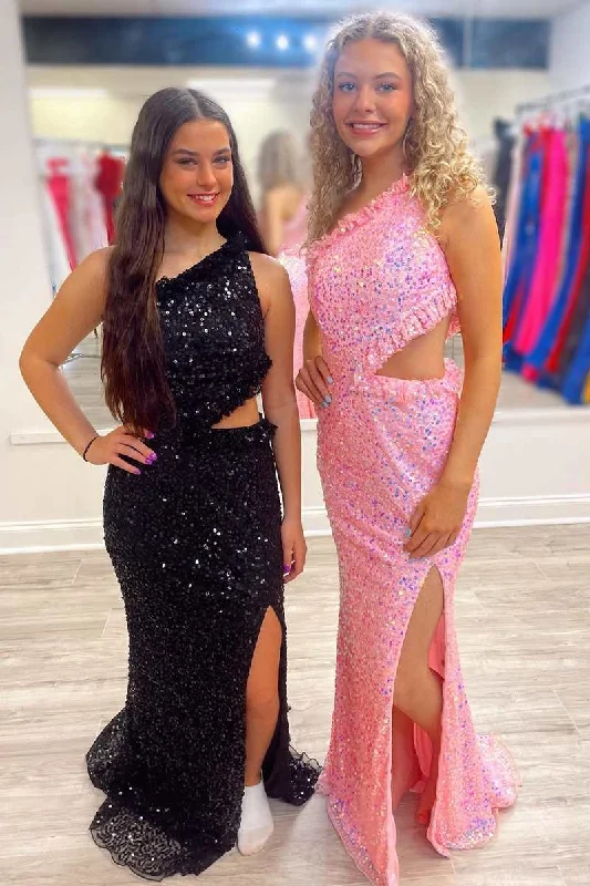 one-shoulder dressOne-Shoulder Sequin Ruffles Cutout Long Prom Dress with Slit