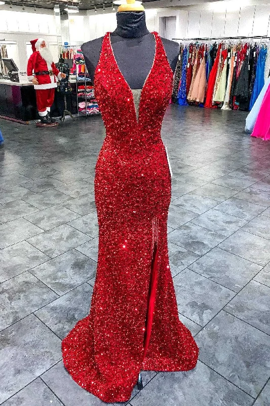 ashionable dressRed Sequin Plunge V Backless Mermaid Long Prom Dress with Slit