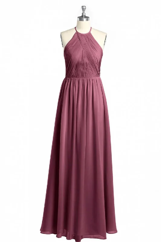 floral dressMauve Chiffon Halter Backless A-Line Long Bridesmaid Dress