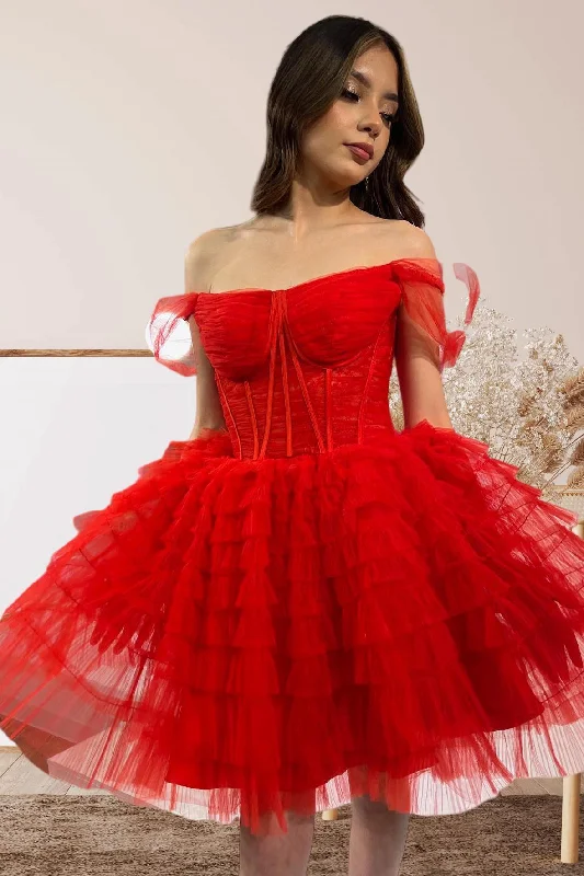 trendy wrap dressOff the Shoulder Red Corset A-line Ruffle Short Party Dress