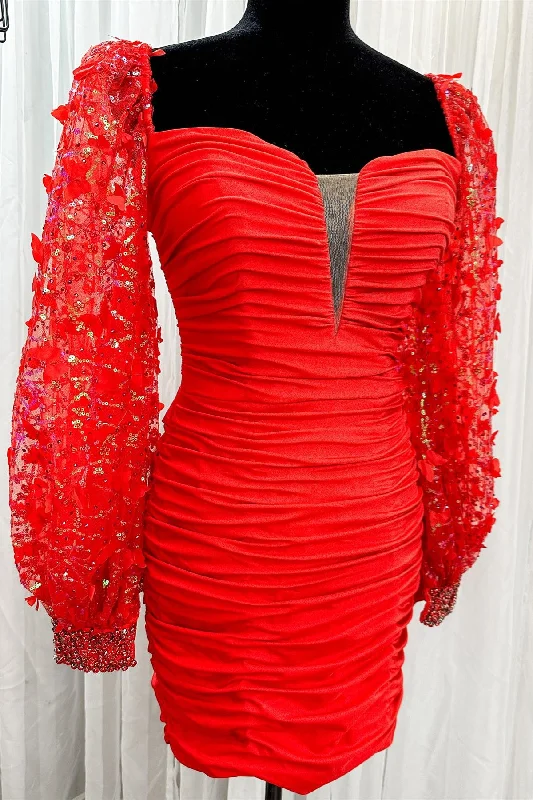 minimalistic dressRed Long Sleeves Sheath Deep V Neck Appliques Homecoming Dress