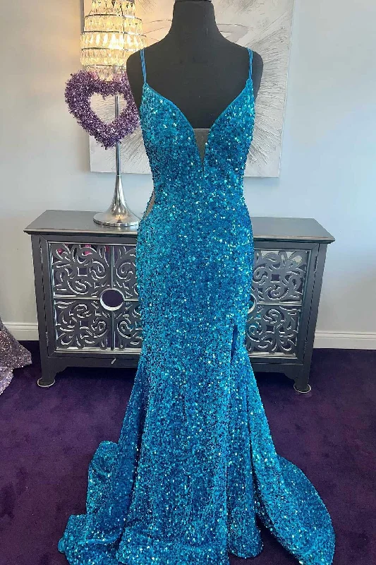 wool dressBlue Sequin Plunge V Mermaid Long Prom Dress with Slit