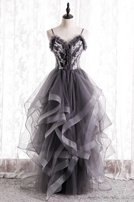 floral wrap dressSpaghetti Straps Dark Grey Tiered Long Formal Dress