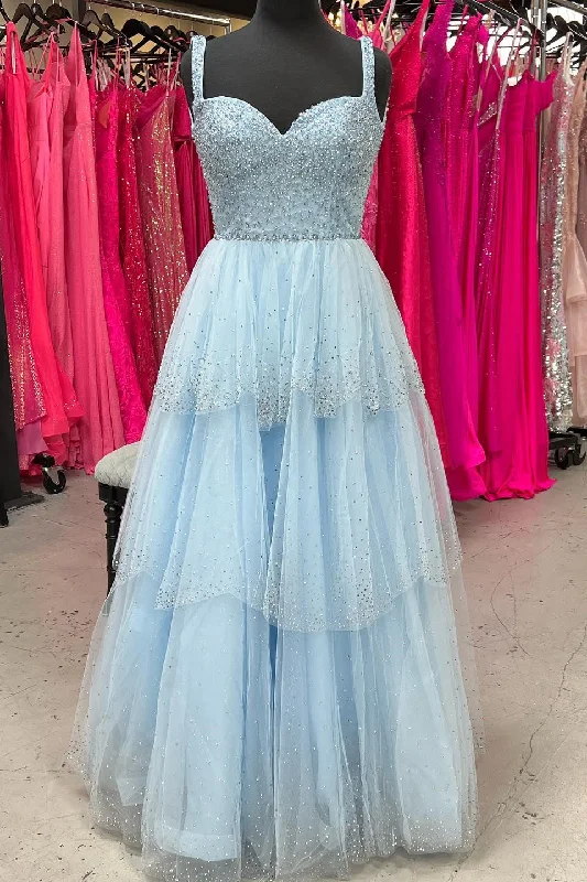 wrap-around dressLight Blue Sweetheart Beaded Straps Multi-Layers Long Prom Dress