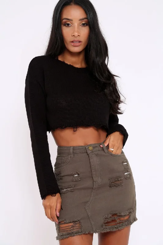 simple crewneck pulloverBlack Distressed Cropped Jumper - Porta