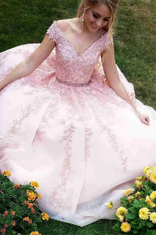 chic dressPrincess V Neck Pink Lace Appliques Long Prom Dress with Cap Sleeves