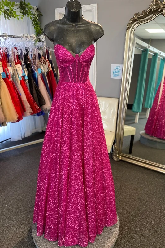 chic wrap dressFuchsia A-line Strapless Sequins Long Prom Dress