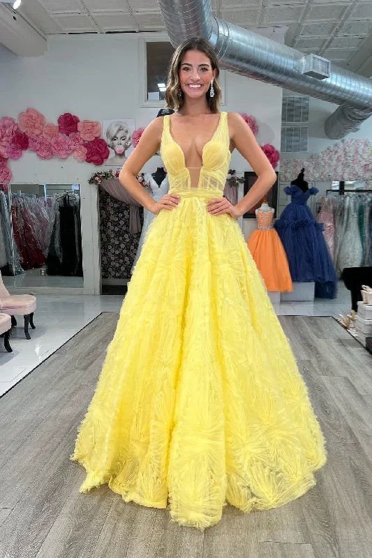 structured dressYellow Plunging V Neck Lace-Up Ruffles Long Prom Dress