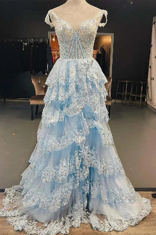 spaghetti strap dressLight Blue Lace Sweetheart Tiered Long Prom Dress with Slit