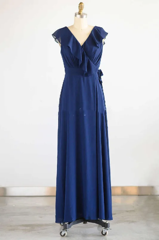 long-sleeve floral dressNavy Blue Ruffled Tie-Side Long Bridesmaid Dress