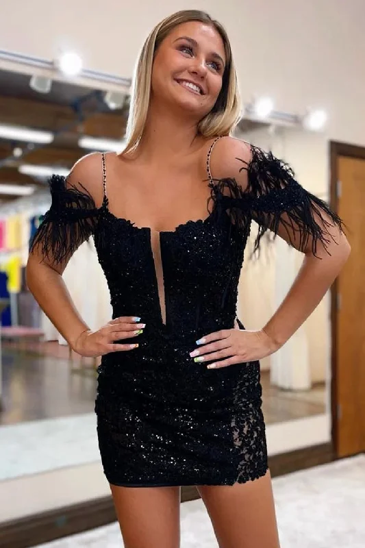 casual midi dressBlack Sequins Off-the-Shoulder Feathers Lace-Up Homecoming Dress