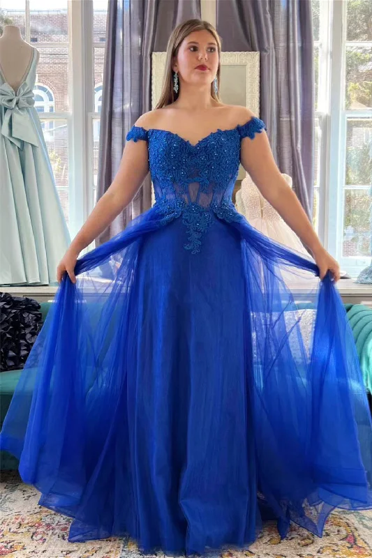 elegant evening dressRoyal Blue Off-Shoulder Beaded Appliques Tulle Long Prom Dress