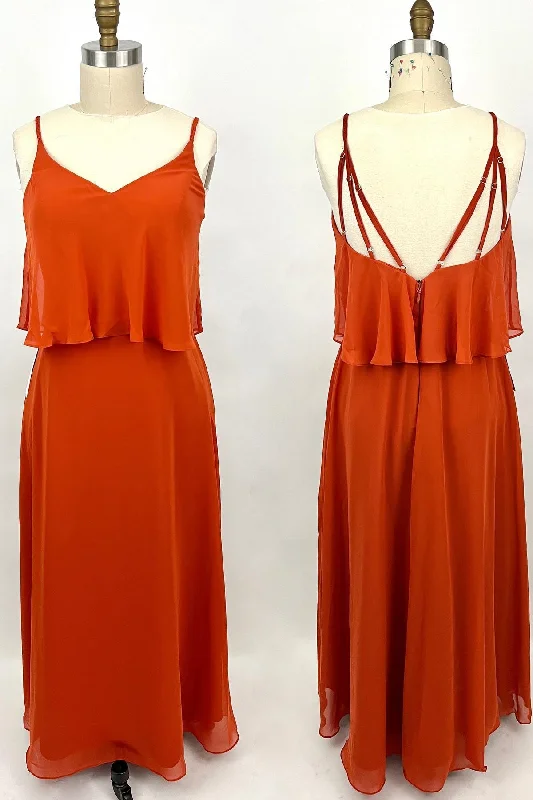 sleeveless dressStraps Flounce Orange Chiffon Long Bridesmaid Dress