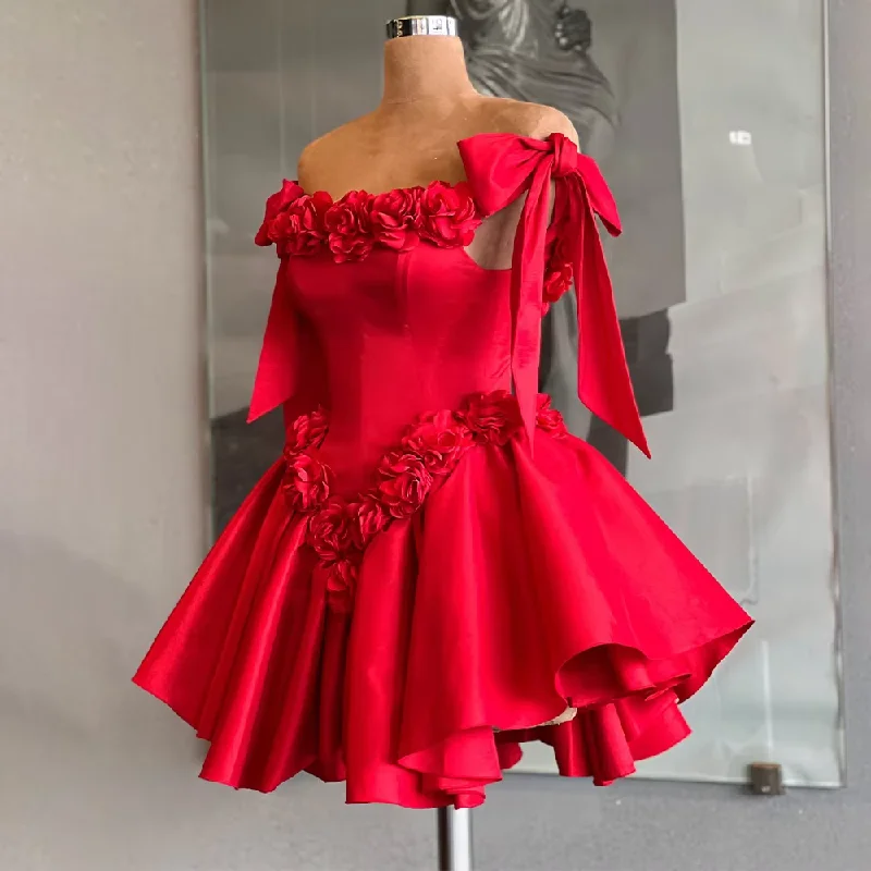 fitted cocktail dressRed Cocktail Dresses Mini 3D Flowers Off the Shoulder Short Evening Party Gown for Woman Ruched Backless Lace Up Homecoming Gown