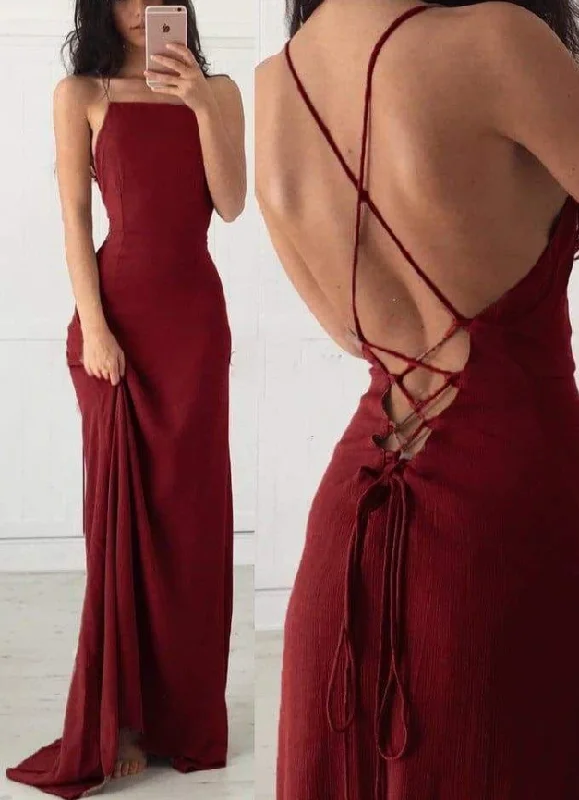 oversized dressSexy Spaghetti Straps Burgundy Long Prom Dress Backless Evening Dress Y7832