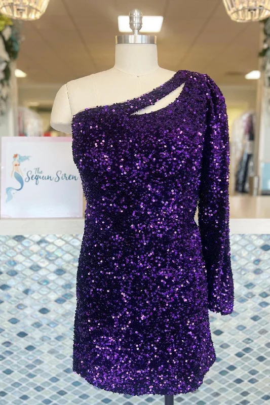 bodycon dressGrape One Shoulder Sequins Sheath Long Sleeve Homecoming Dress