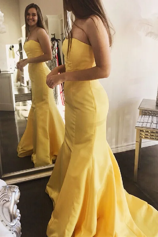 trendy wrap dressMermaid Yellow Strapless Long Prom Evening Dress