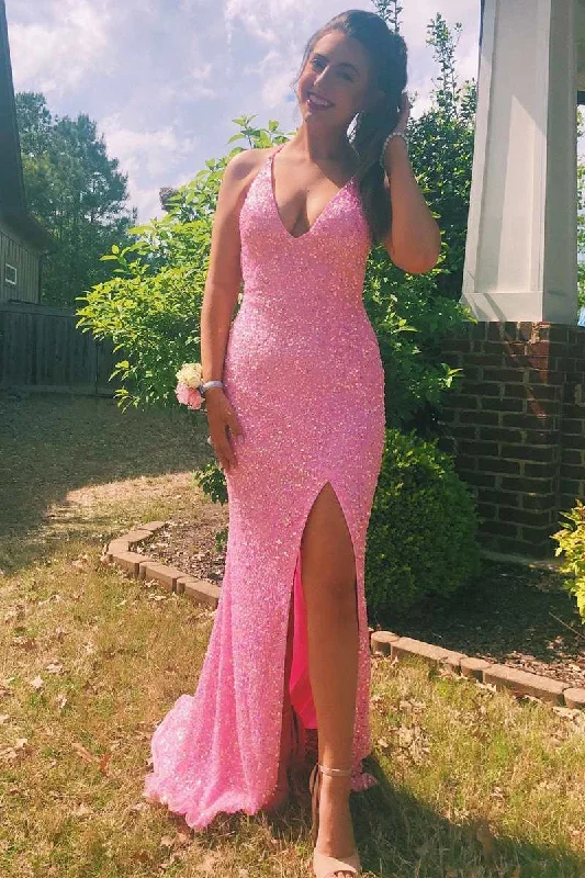 lace-up dressPink Iridescent Sequin V-Neck Mermaid Long Prom Dress with Slit